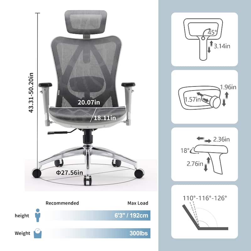 SIHOO Ergonomic Office Chair Mesh High Back Desk Chair Computer Chair,300lb, Black - 64*70*123