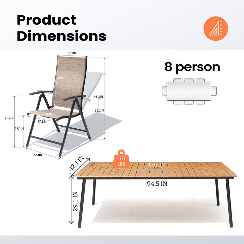 Outdoor Rectangle Aluminum Dining Table with Umbrella Hole with Durable Adjustable Reclining Folding Chair