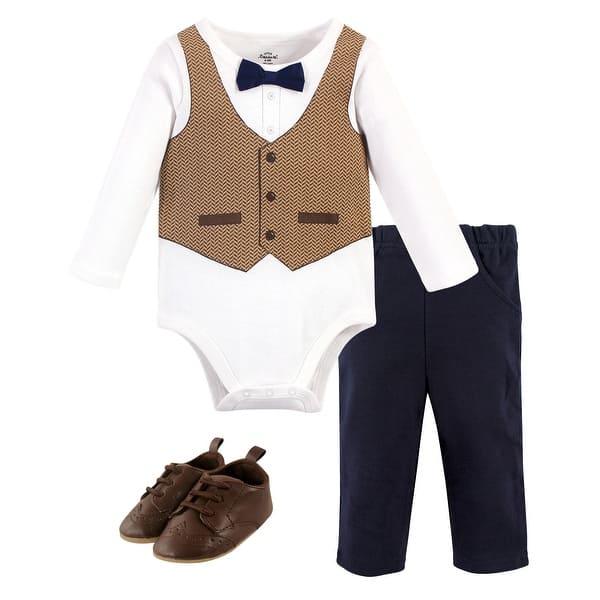 slide 1 of 1, Little Treasure Baby Boy Cotton Bodysuit, Pant and Shoe 3pc Set, Herringbone Vest 0-3 Months - Herringbone Vest