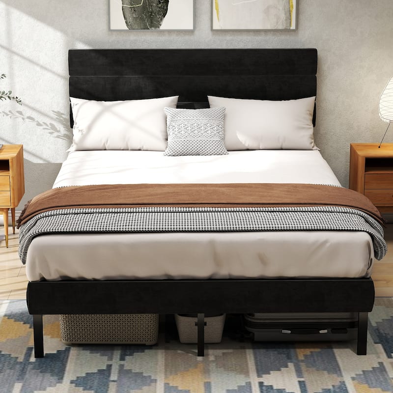Full Size Upholstered Platform Bed Frame with 14'' Underbed Storage and Linen Headboard - Black