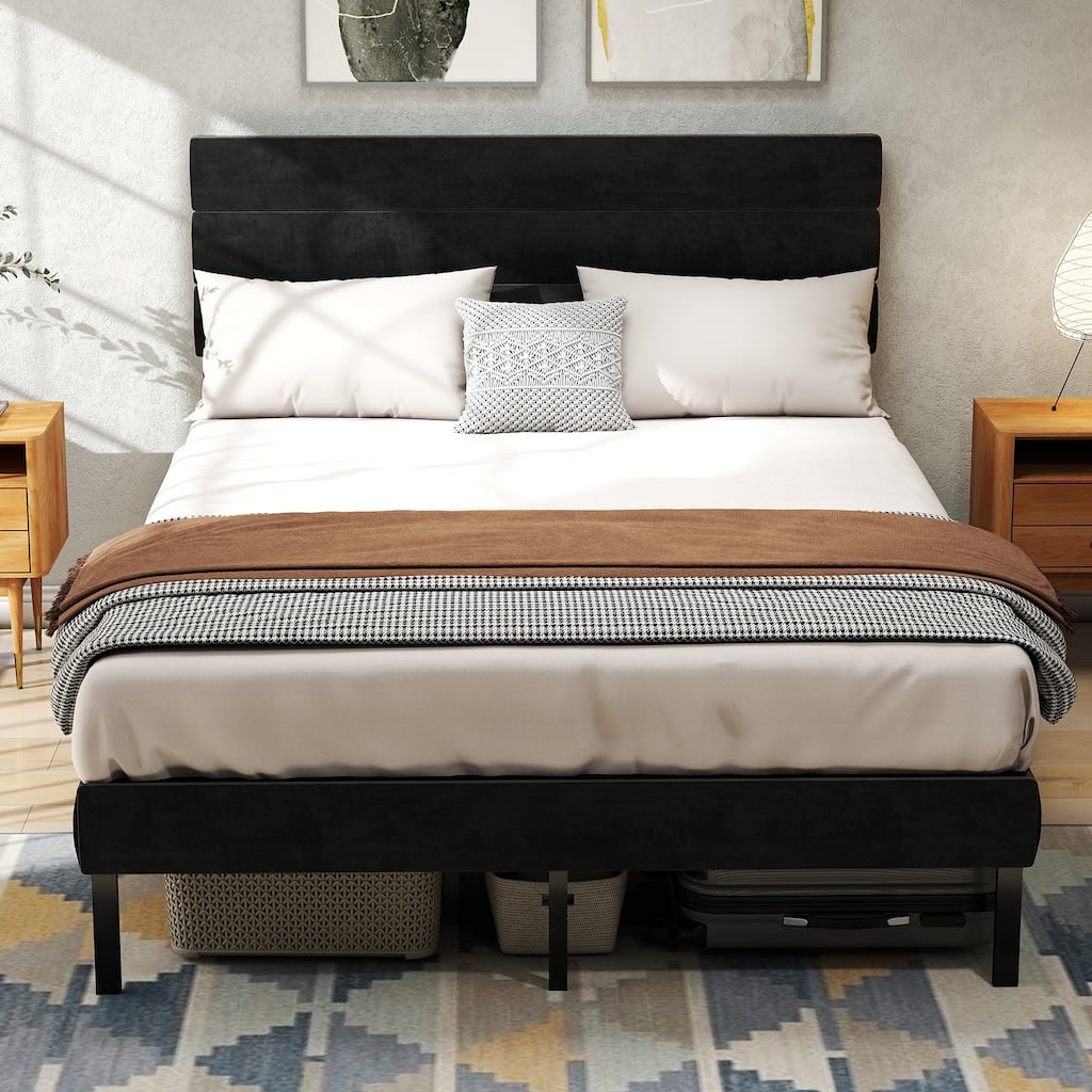 Full Size Upholstered Platform Bed Frame with 14'' Underbed Storage and Linen Headboard
