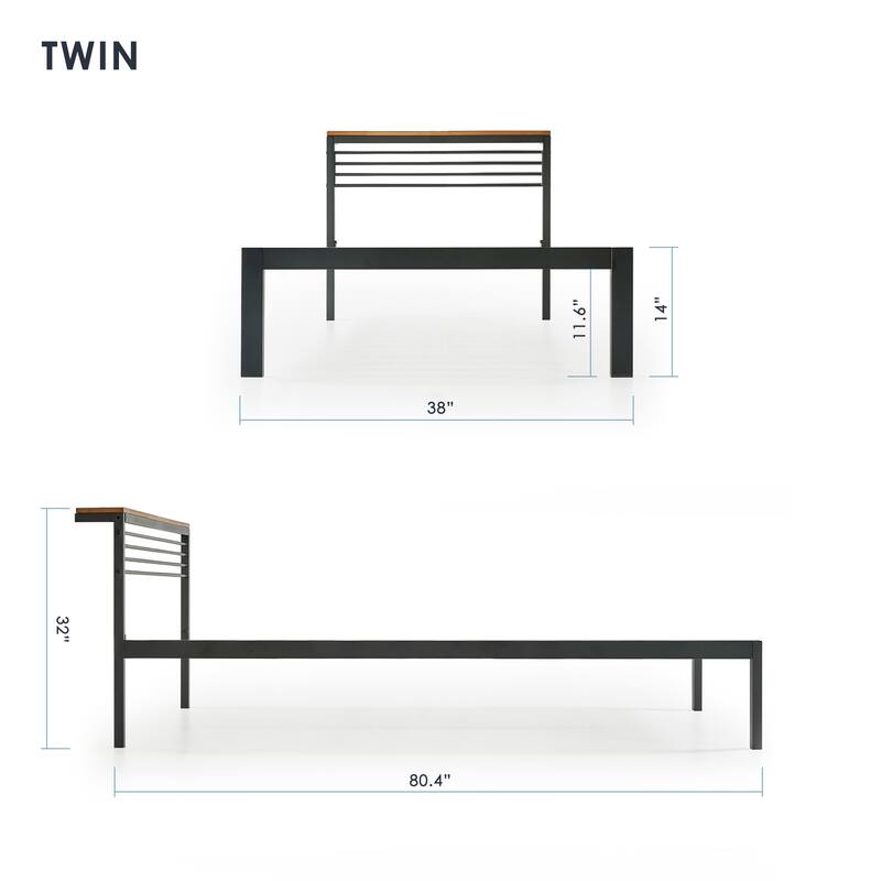 HYLLE Metal Platform Bed w/ Solid Pine Headboard Shelf - Twin