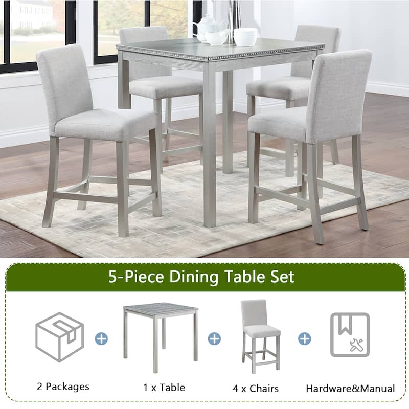 5 Piece Counter Height Table Set, Wooden Kitchen Table Set with Square Table and 4 Upholstered Chairs