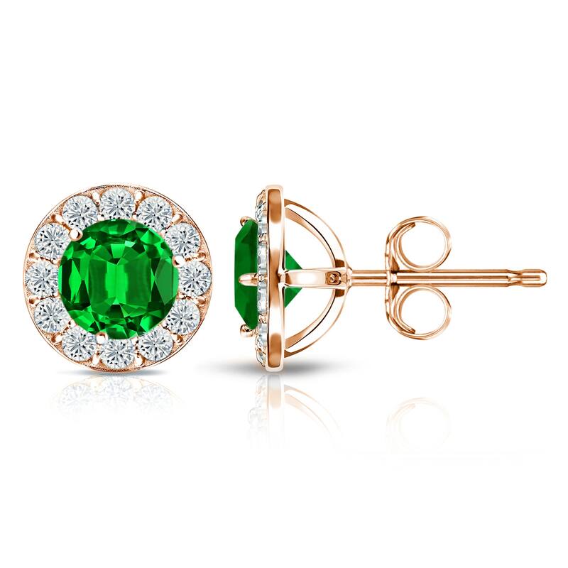 Auriya 14k Gold Lab Grown Gemstone Green Emerald Stud Earrings Round 0.25 to 5.00 ct. tw. Halo Push-Back - 2.00ct tgw. - Rose