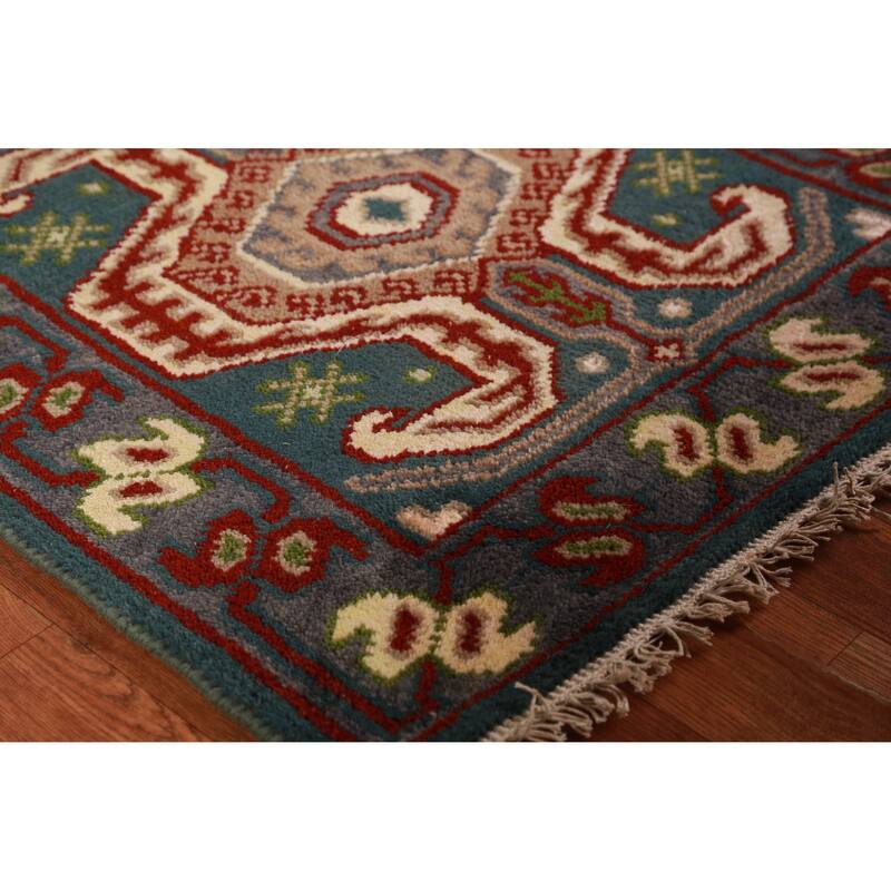 Teal Blue Geometric Kazak Indian Runner Rug Handmade Wool Carpet - 2'6" x 9'8" - 2'6" x 9'8" - Blue