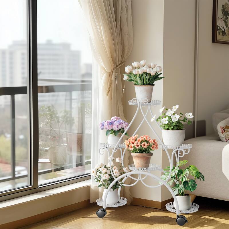 European White 6 Tiers Flower Stand with Rolling Wheels heart-shaped Multi-layer Rack