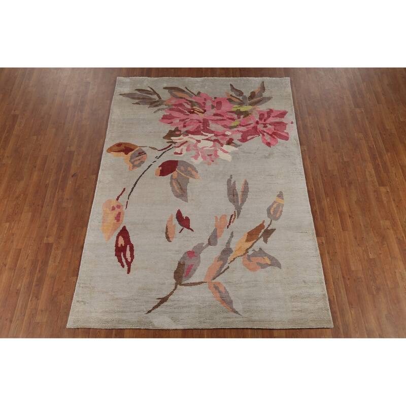 Handmade Flowers Wool & Silk Indian Area Rug - 6'3"x 9'0"