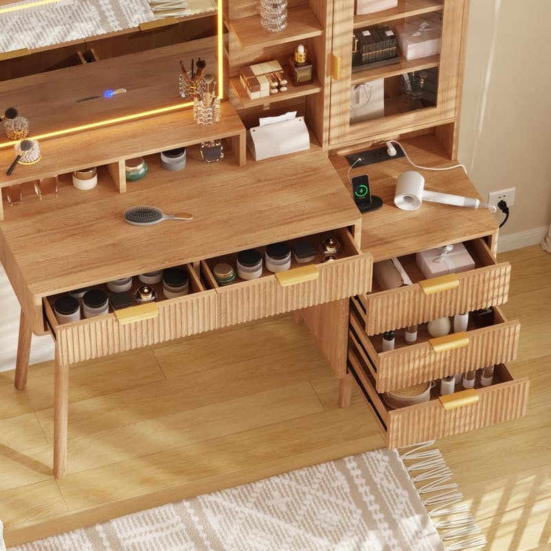 Makeup Vanity Desk with Lighted Mirror, 5 Drawers, Storage Shelves, Power Outlets
