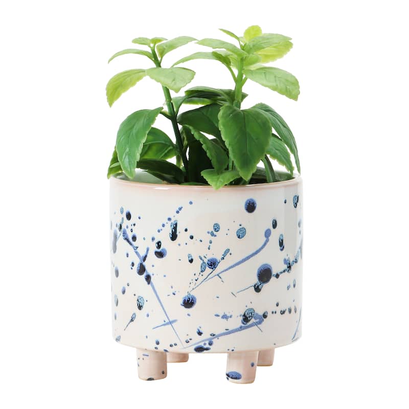 Stoneware Footed Planter with Splatter Design, White & Blue (Holds 5" Pot)