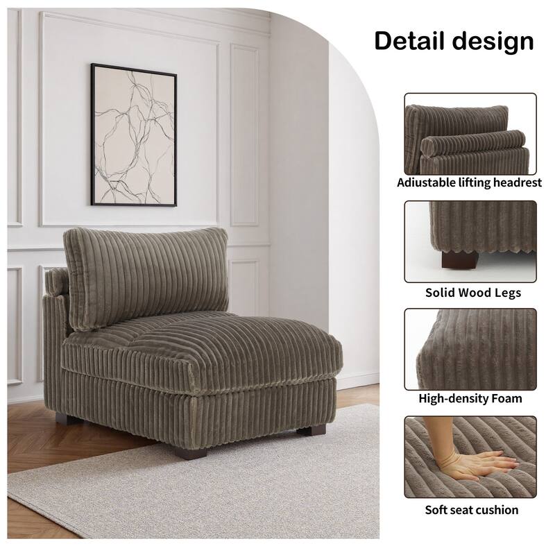 33" W Plush Corduroy Armless Chair Sectional Module with Pillows