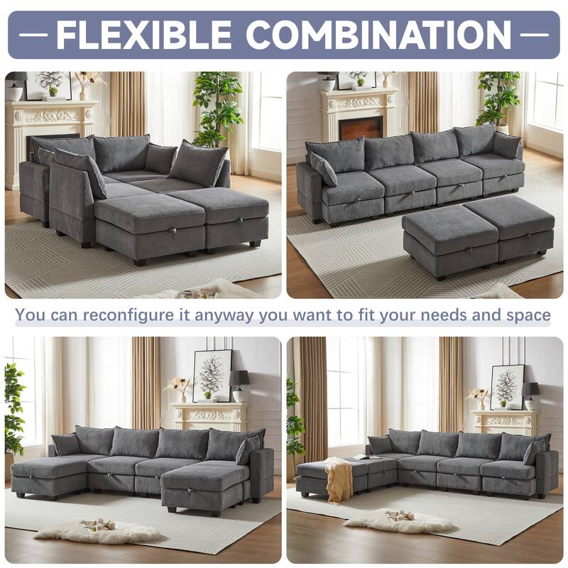 113.5" Corduroy U-Shaped Sectional Sofa with Storage Ottoman, 6-Seat Modular Design and Convertible Chaise