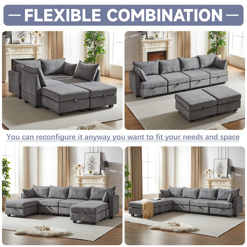 Roomfitters 113.5" Modular Corduroy U-Shaped Sectional Sofa, 6-Seater Convertible Couch with Chaise and Storage Ottoman