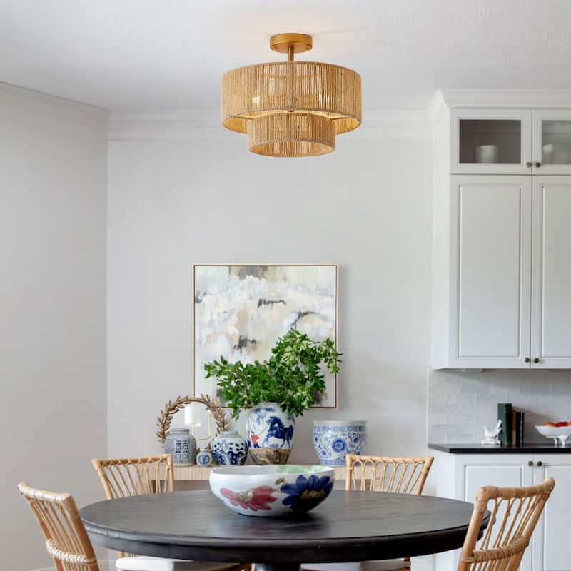 Bohemian Gold Natural Handmade Jute Rope 3-Light Two-Tier Drum Semi-Flush Mount Ceiling Light - 15.4" W x 12.6" H