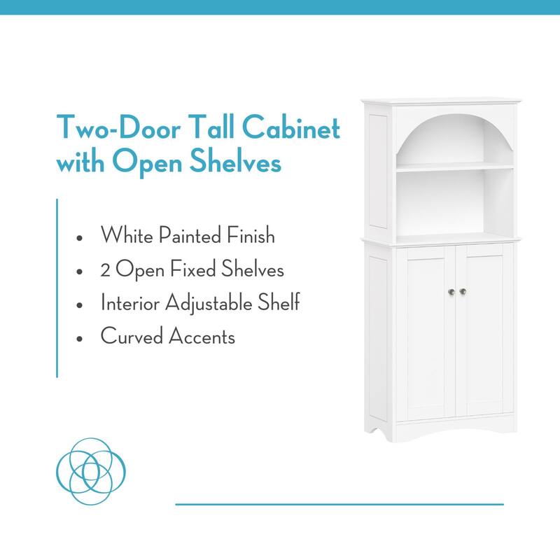 Two-Door Tall Kitchen Storage Cabinet with Open Shelves - White