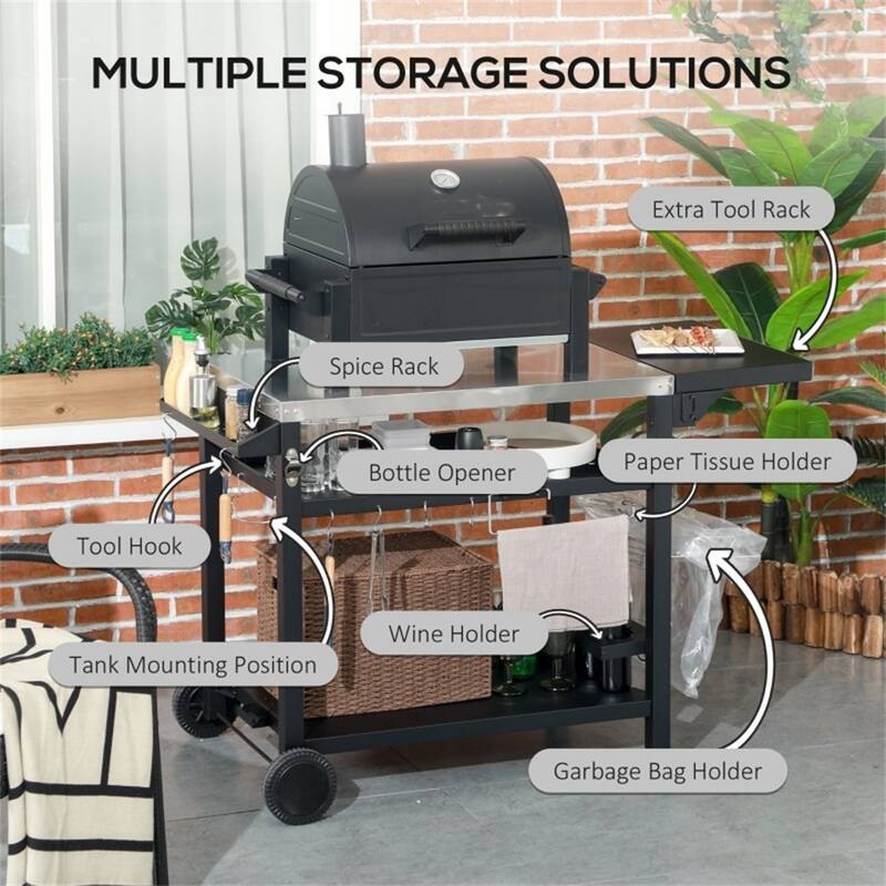 Stainless Steel Grill Cart with Foldable Top Wheels Storage Shelves Seasoning Rack Wine Holder and Paper Towel Rack