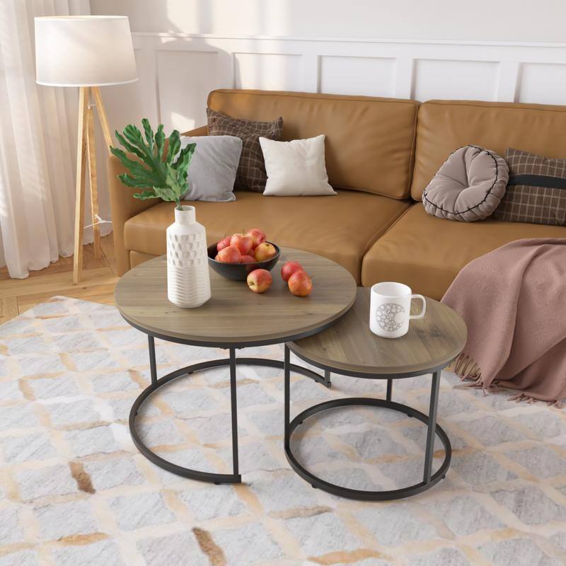 Round Nesting Coffee Table Set of 2 with Marble Pattern Top & Metal Frame