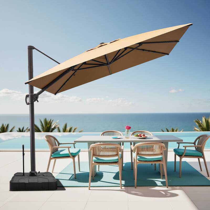 11 x 9 FT Outdoor Aluminum Cantilever Offset Umbrella with Base Stand - Tan
