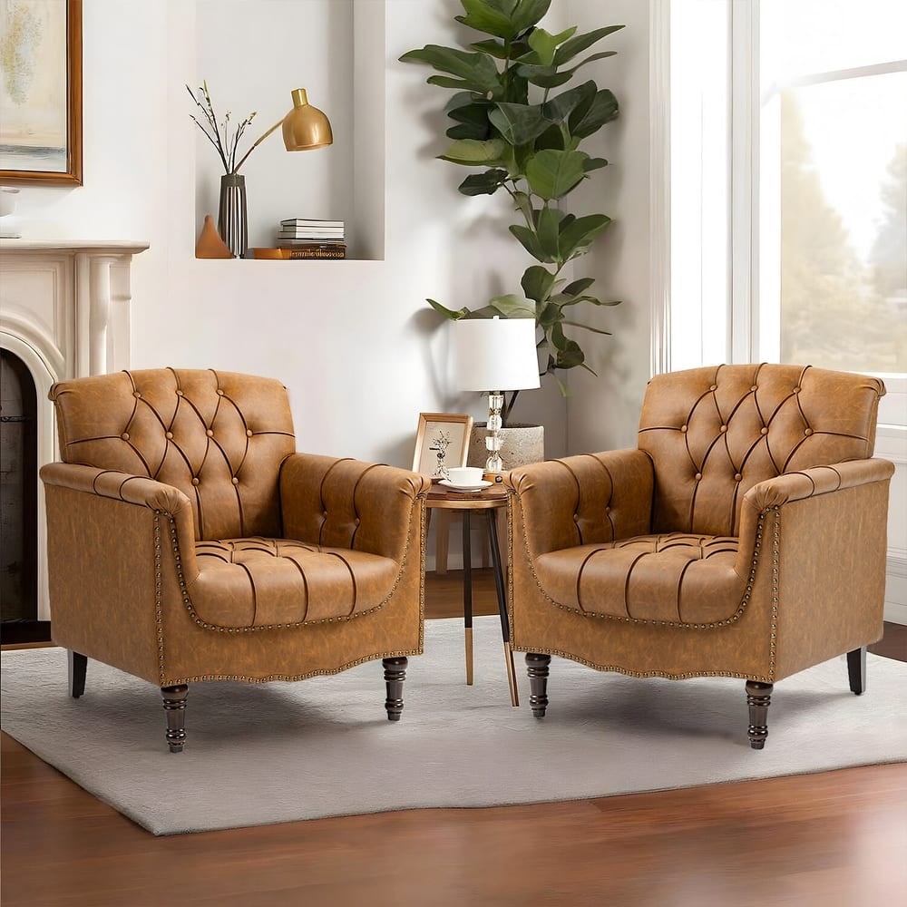 Traditional Faux Leather Tufted Accent Arm Chair with Nailhead Trim