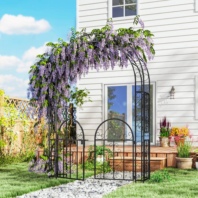 Black Steel Garden Archway with Double Gate Powder-Coated Outdoor Arbor for Climbing Plants Walkway
