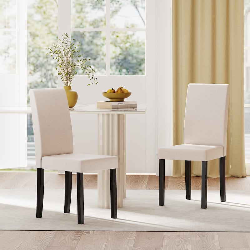 Set of 2 Modern Rubber Wood Dining Chairs with Faux Linen Upholstery and Cushioned Seats - 17" x 22" x 35.5" (L x W x H) - Beige