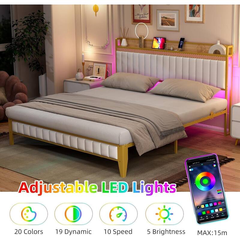 White & Gold Upholstered Platform Bed with LED Light, Charging Station & Storage Headboard, Noise Free