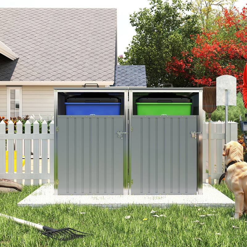 Garbage Bin Shed Stores 2 Trash Cans Metal Outdoor Bin Shed for Garbage Storage, 54 cubic feet of space - Light Gray