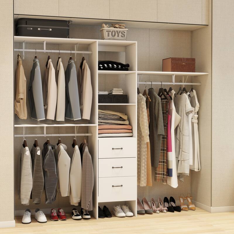 96" White Walk-In Closet System: 3 Shelves, 3 Rods, 3 Drawers,, Organizer