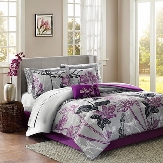 Queen Floral Comforter Set with Cotton Bed Sheets Purple - Bed Bath ...