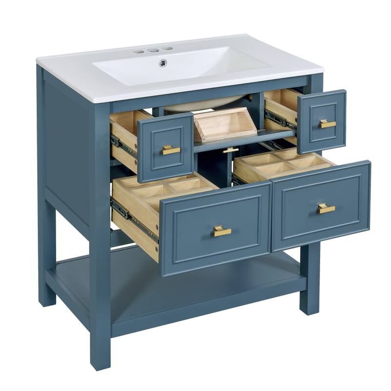Roomfitters 30" Vanity with Ceramic Sink, Solid Wood Cabinet with 5 Drawers, Modern Freestanding Bathroom Storage Unit