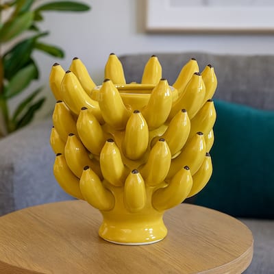 Joseph Accent Vase with Tiered Banana Accents, Yellow Ceramic 11 Inch