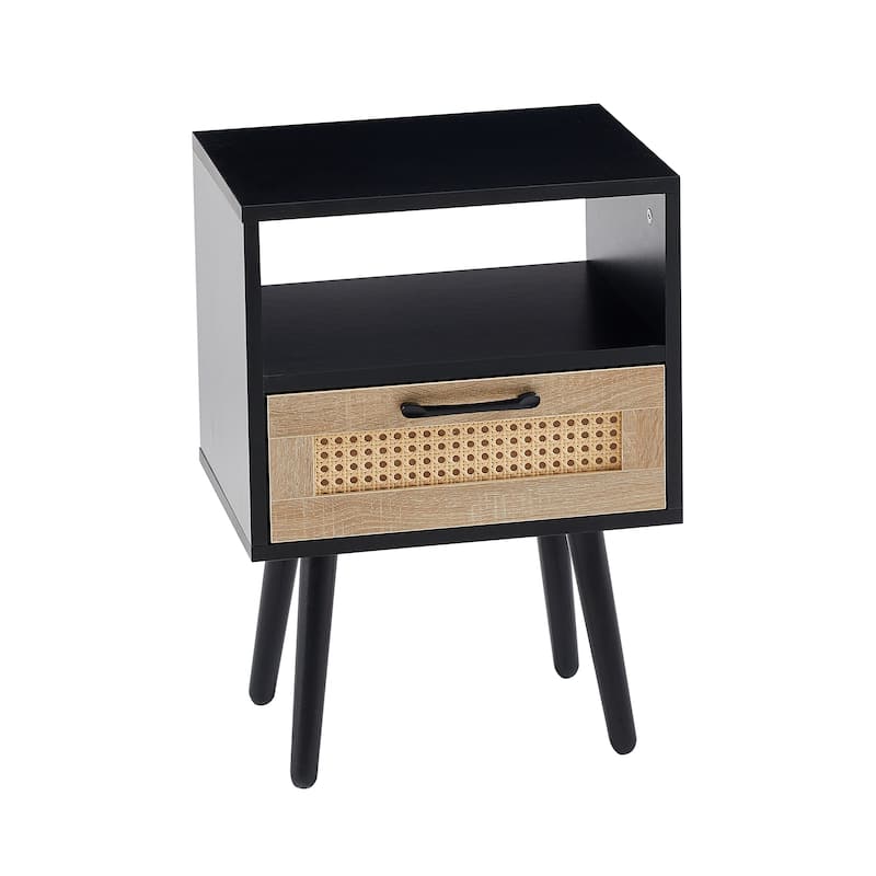 15.7" Rattan Nightstand, Living Room Brown Storage Cabinet, End Table Side Table for Bedroom with Drawer and Solid Wood Legs