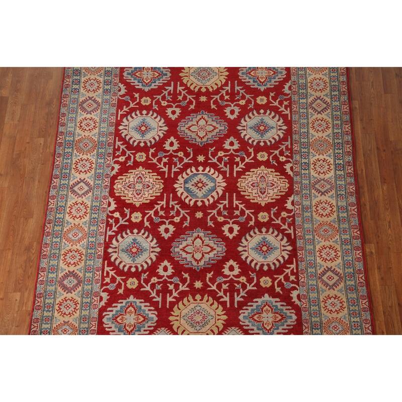 Red Geometric Kazak Area Rug Handmade Oriental Wool Carpet - 6'0" x 8'10"
