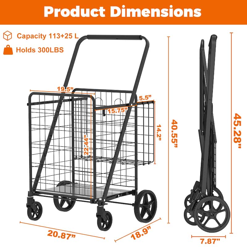 Foldable Extra Large Grocery Shopping Cart w/ Double Basket and 360 Rolling Swivel Wheels