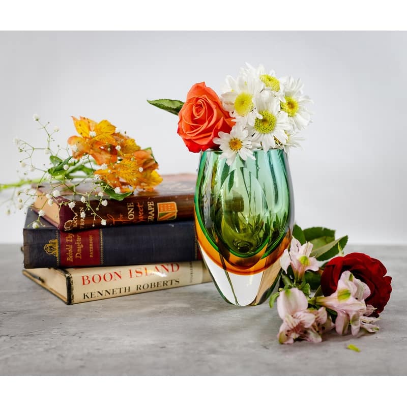 Rimini Murano Style Art Glass Amber & Green 6" Vase