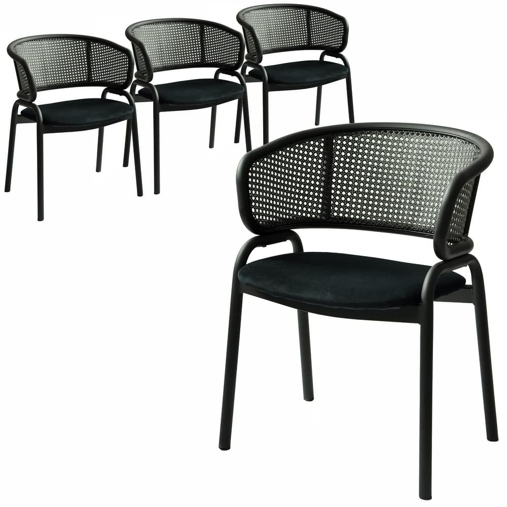 Ervilla Modern Upholstered Accent Side Chair with Wicker Back and Black Iron Legs for Dining Room & Kitchen, Set of 4