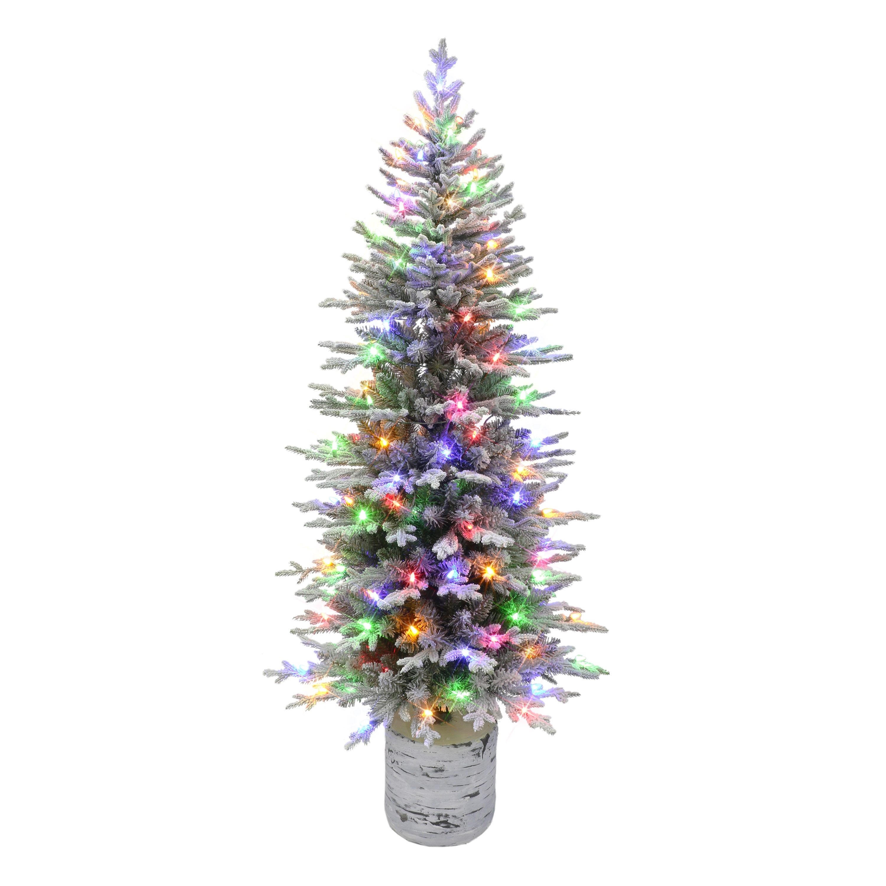 Puleo International 6 ft. Pre-lit Potted Flocked Arctic Fir Pencil Artificial Christmas Tree