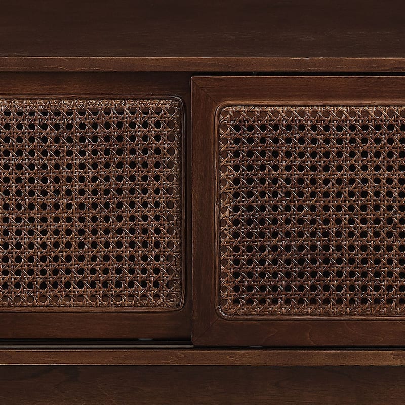Vintage Farmhouse Wooden TV Stand with 2 Sliding Rattan Cabinet Doors