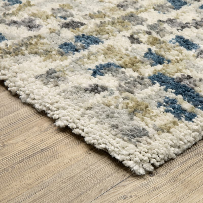 Archer Mottled Abstract Ivory/ Blue Shag Area Rug-