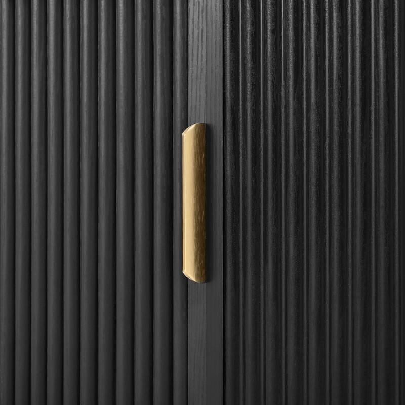 Farmhouse TV Stand with Sliding Tambour Door for 75-Inch TVs, Fluted Media Console with Adjustable Shelves and Golden Handles