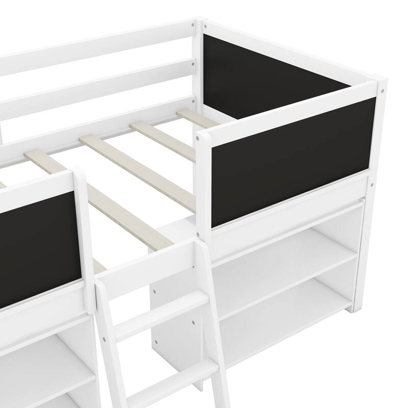 Twin Size Low Loft Bed with Movable Shelves, Ladder, and Chalkboard Guardrail, White