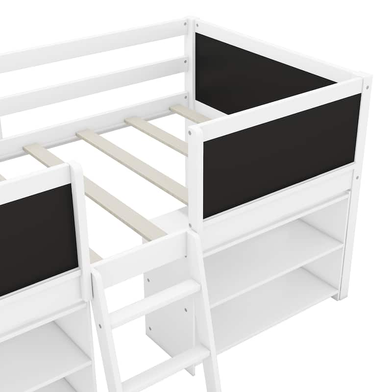 Twin Size Low Loft Bed with Two Movable Shelves, Ladder and Chalkboard, Kids Low Loft Bed Frame No Box Spring Needed for Boys