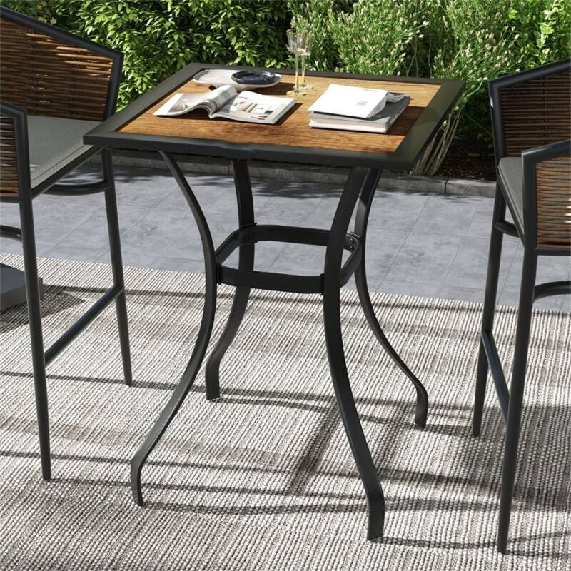 Square Outdoor Coffee Table with Metal Frame and Wood Grain Plastic Top for Patio and Garden - 28" L x 28" W x 36.5" H