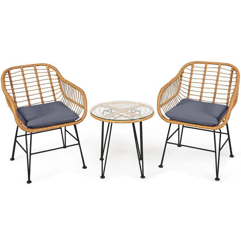 3 PCS Patio Bistro Set Rattan Conversation Set with Round Coffee Table - Grey