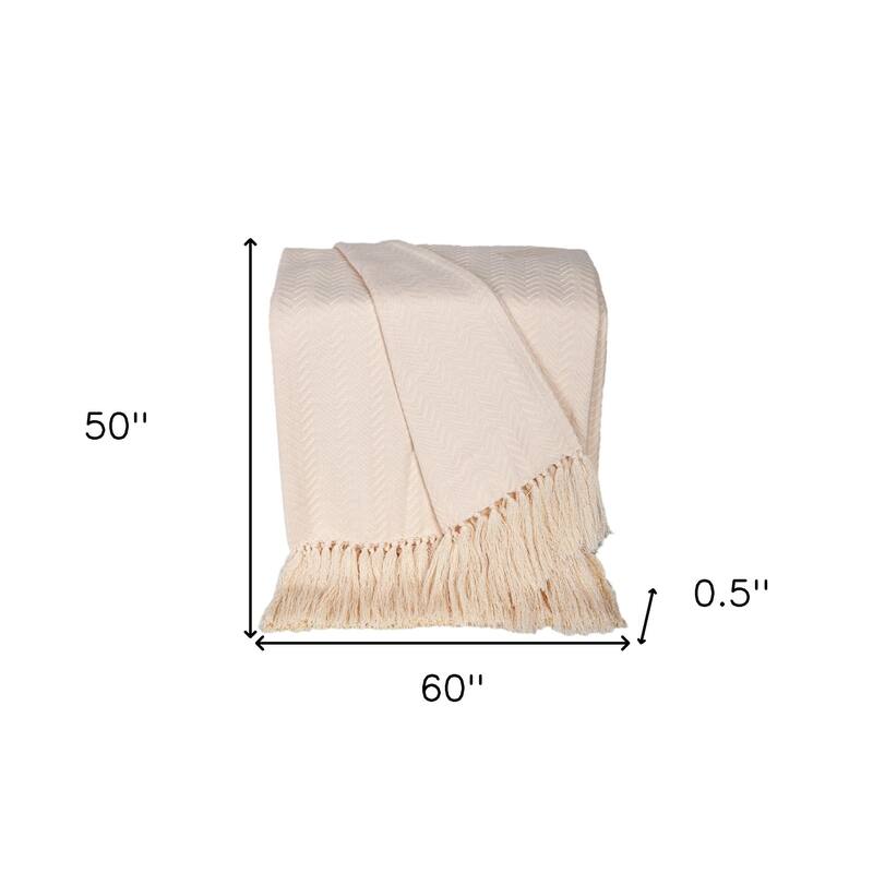 HomeRoots 50" X 60" Cream Woven Cotton Herringbone Throw Blanket with Fringe