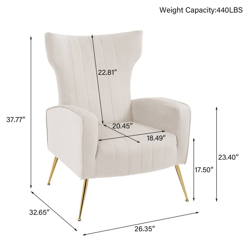 2 Set Velvet Wingback Accent Chairs with Metal Legs for Living Room