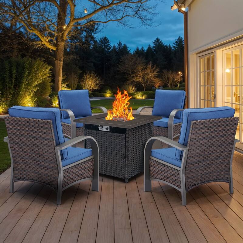 4PCS Outdoor Patio Chair with Fire Pit Table - Blue - Brown