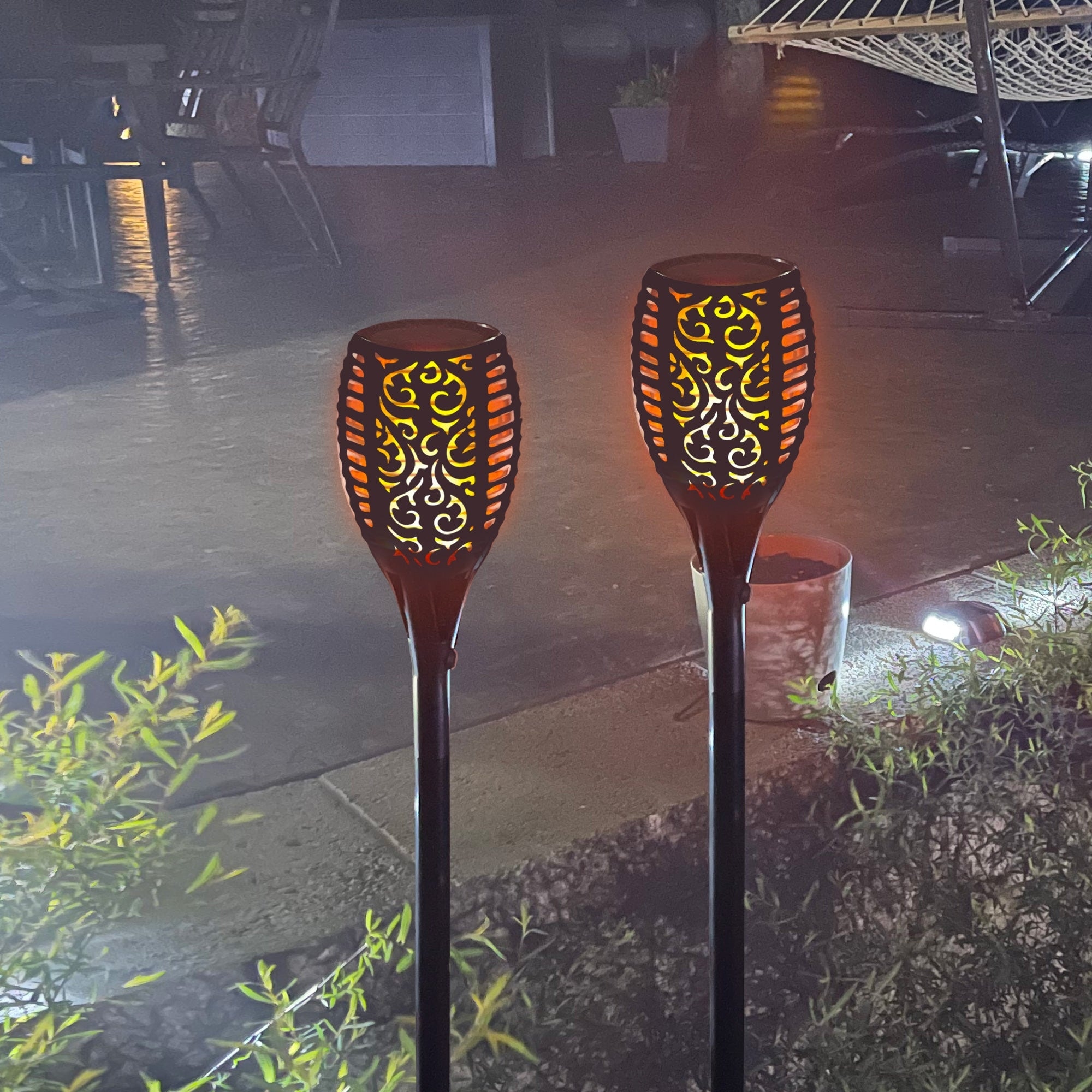 Solar Powered Patio Torches with Flickering Flame LED Lights, Adjustable Height, Weather-Resistant, Black, Set of 2