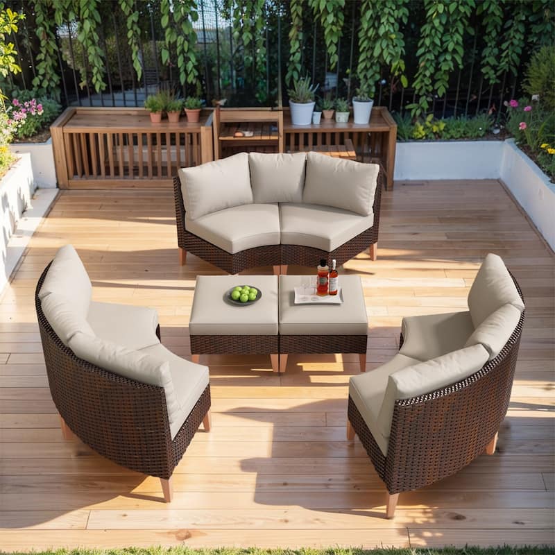 Patio Curved Outdoor Sofa with Ottoman - Beige - Brown