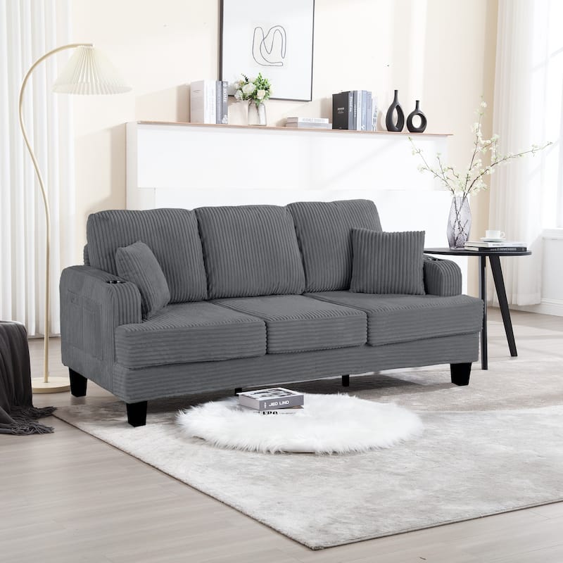 85" Modern Corduroy Rectangle 3-seater Sofa with USB and 2 Pillows - Dark Gray