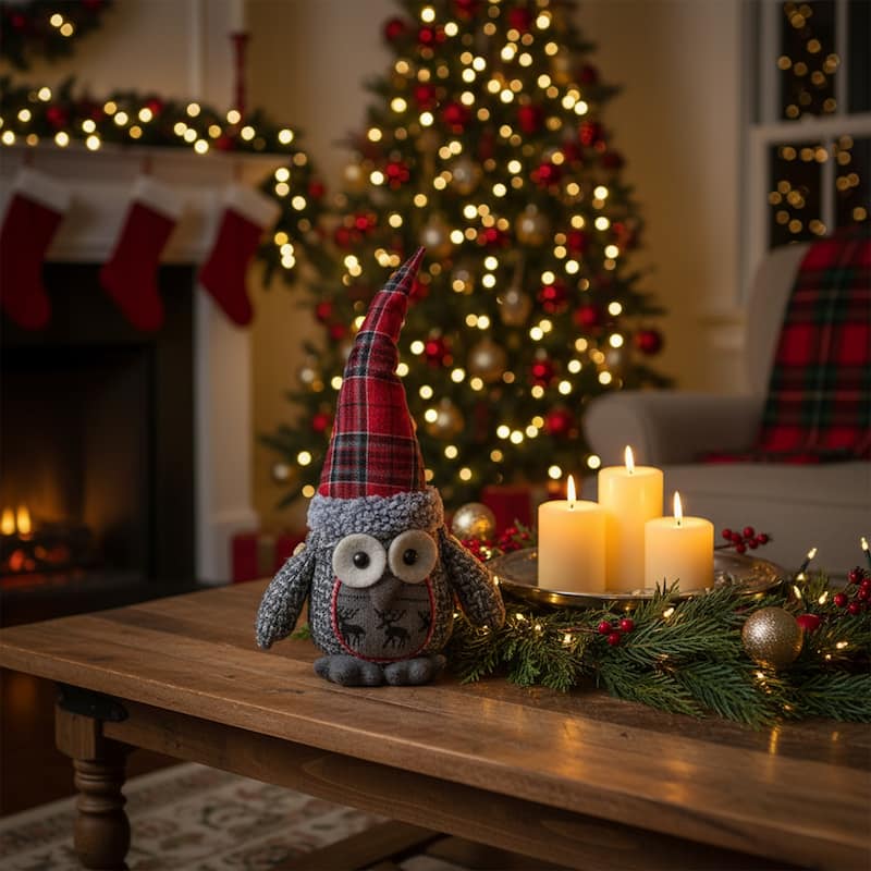 Plush Owl with Plaid Hat Christmas Figure - 16.75" - Red and Gray